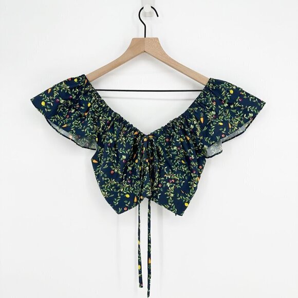 Hill House Home The Alexa Top Cropped Floral Print V-Neck Navy Blue Green S - Picture 2 of 6